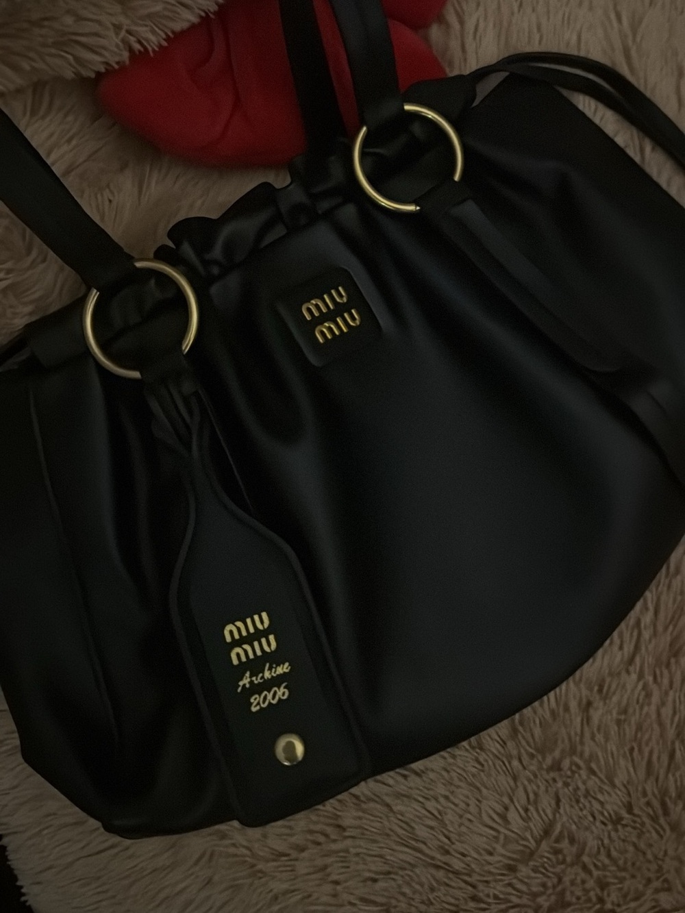 Miu Miu Black Leather Double-Handle Shoulder Bag with Gold Hardware